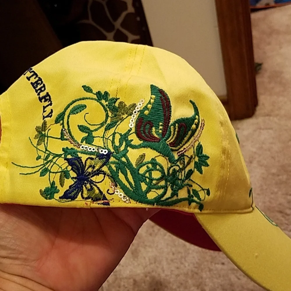 Flower & Butterfly Yellow Sequin Cap Adjustable NWT